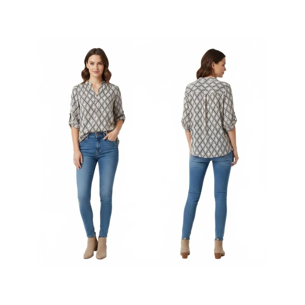 Womens Geometric Print Button Down Tunic Top XL Made in Vietnam
